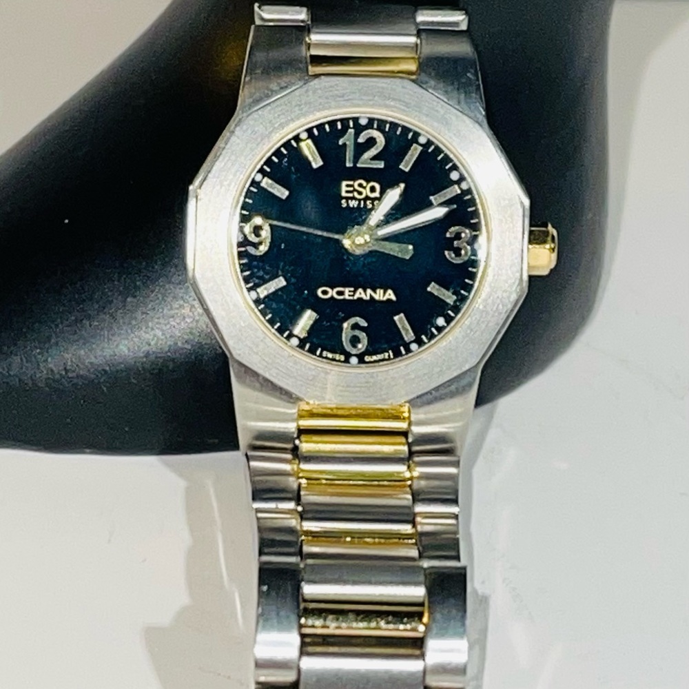 ESQ OCEANIA Movado Swiss Ladies Watch Analog Quartz Silver/Gold Black Dial